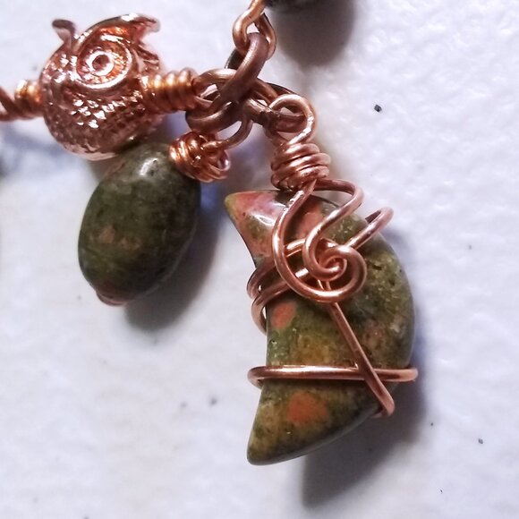 Hand Crafted! Unakite Jasper & Copper Owl + Wire Wrapped Unakite Moon Bracelet - Picture 7 of 13